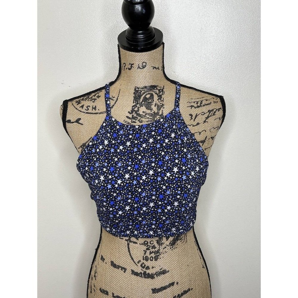 Aerie Blue Star Pattern Ribbed Halter Top Cropped Padded Size Large High Neck